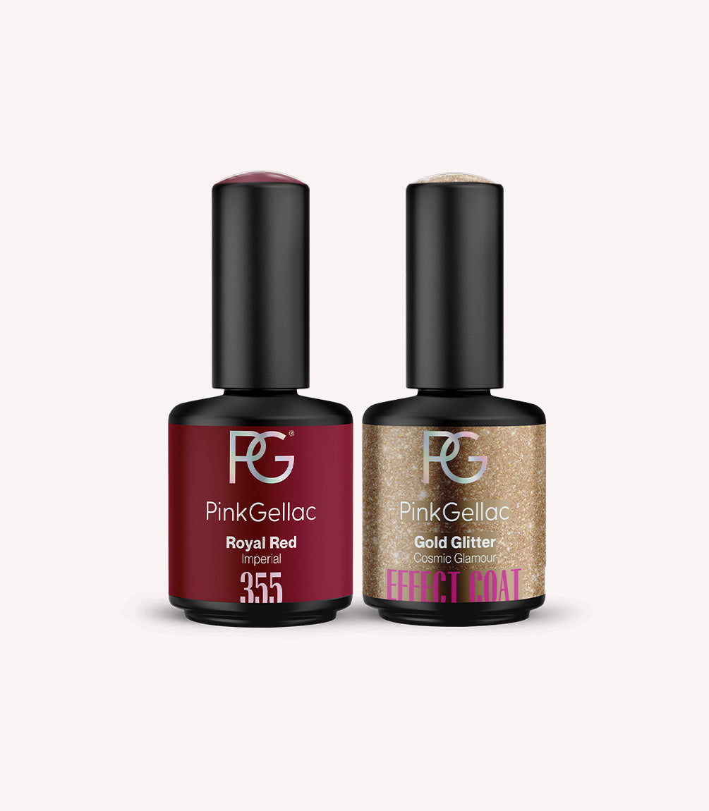 Pink Gellac Gold Glitter effect coat set with two gel polish bottles.