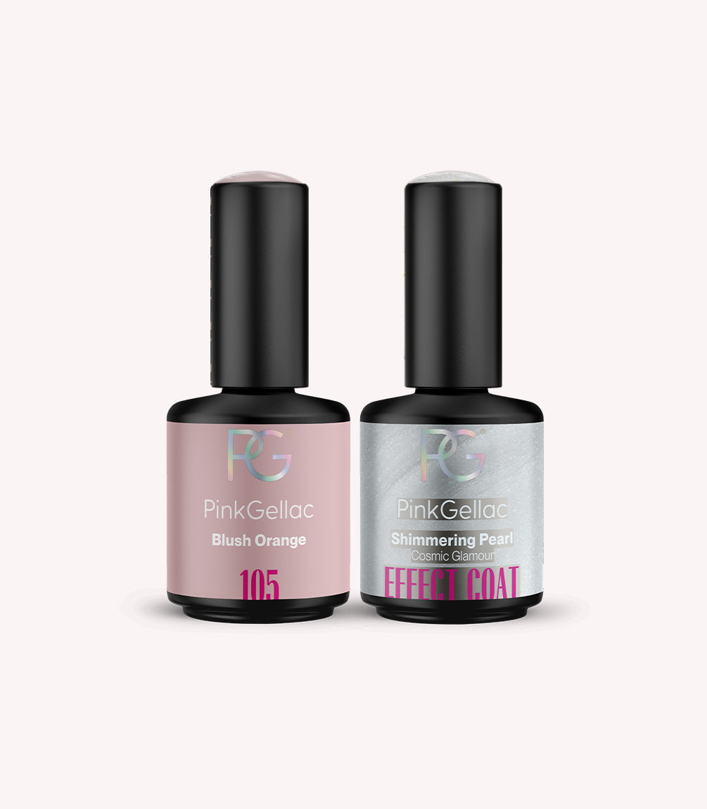 Pink Gellac Shimmering Pearl effect coat set with two gel polish bottles.