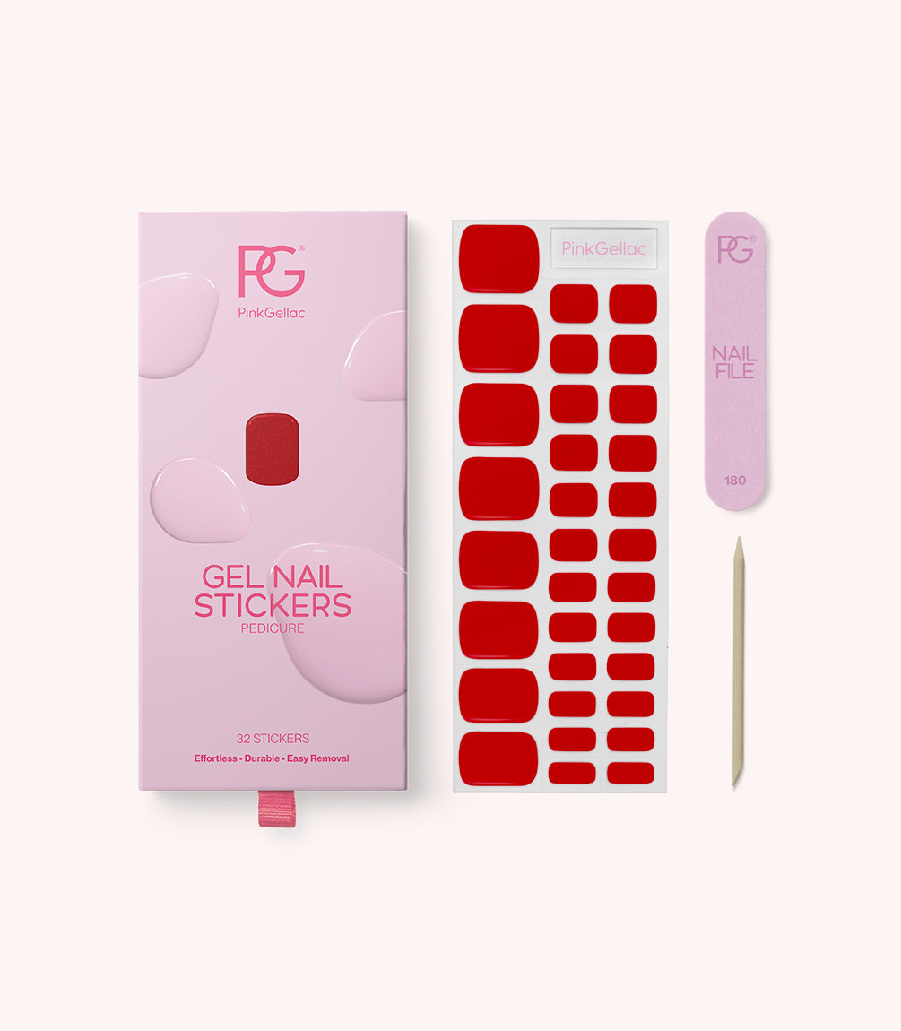 Pink Gellac 109 Lipstick Red gel nail stickers with sheet, nail file and cuticle stick.