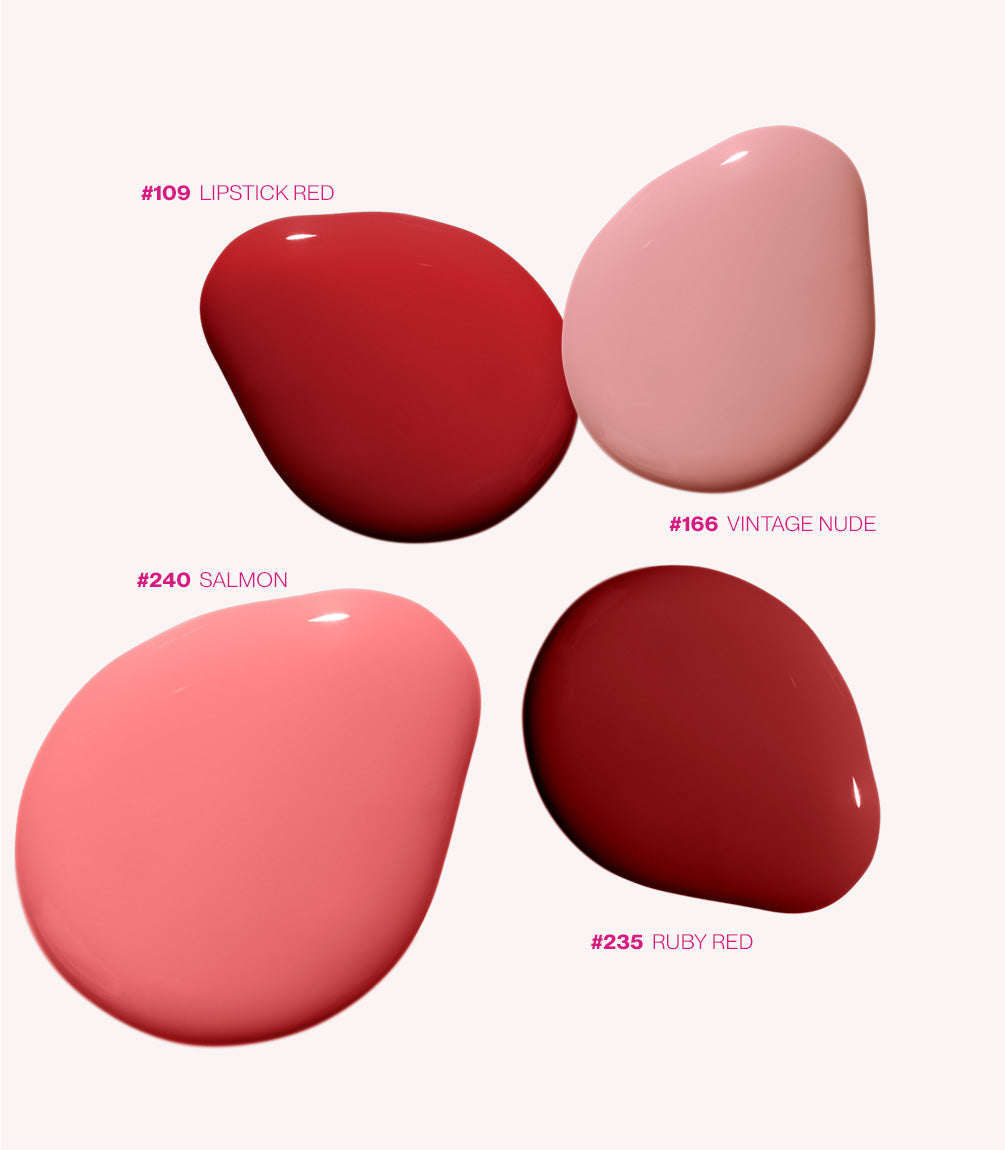 Four drops of nail polish in the colors Lipstick Red, Vintage Nude, Salmon and Ruby Red, numbered #109, #166, #240 and #235, on a neutral background.