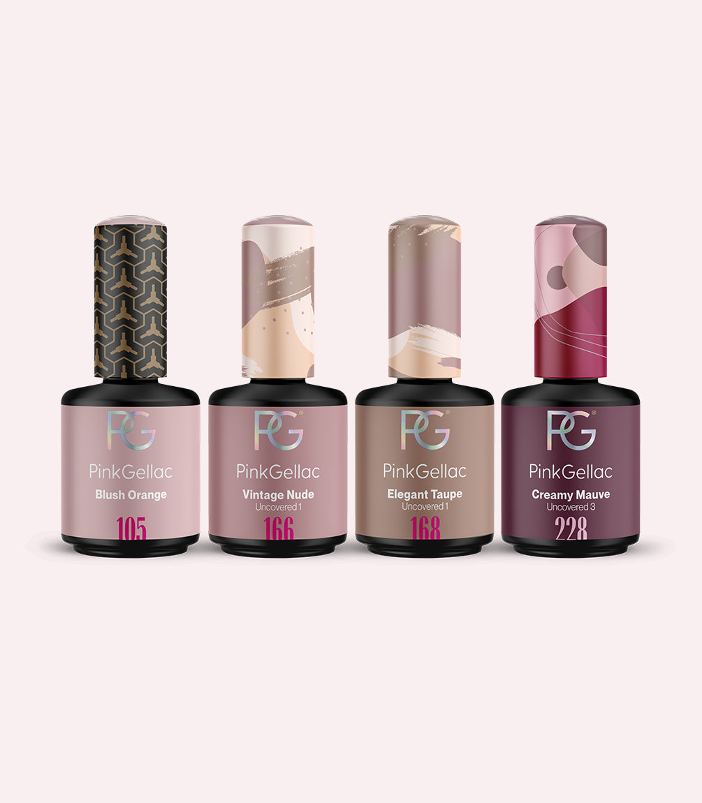 Four bottles of Pink Gellac nail polish in the colors Blush Orange, Vintage Nude, Elegant Taupe and Creamy Mauve on a light background.