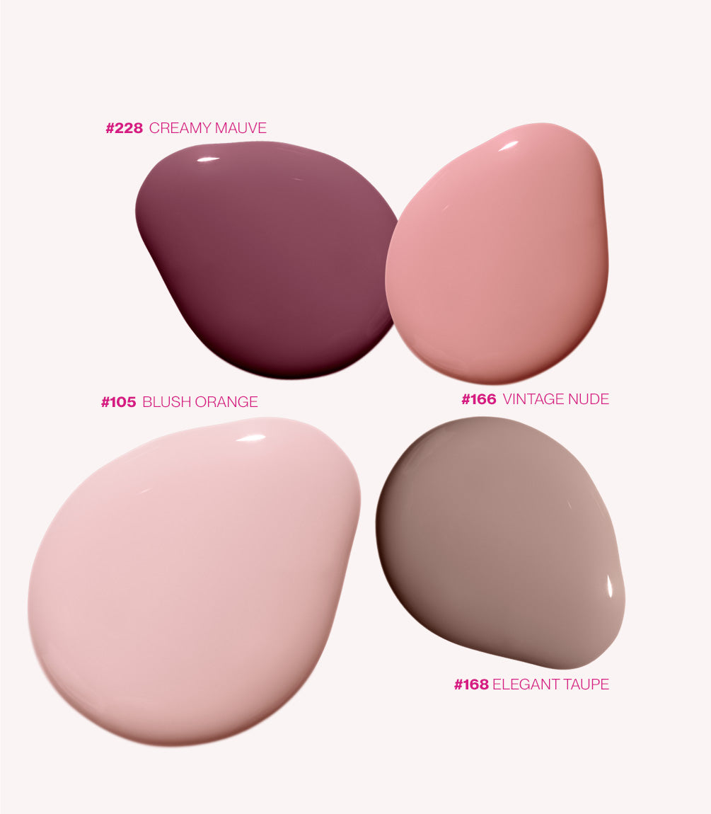 Image of four nail polish colors: #228 Creamy Mauve (deep mauve), #105 Blush Orange (light peach color), #166 Vintage Nude (soft nude) and #168 Elegant Taupe (taupe).