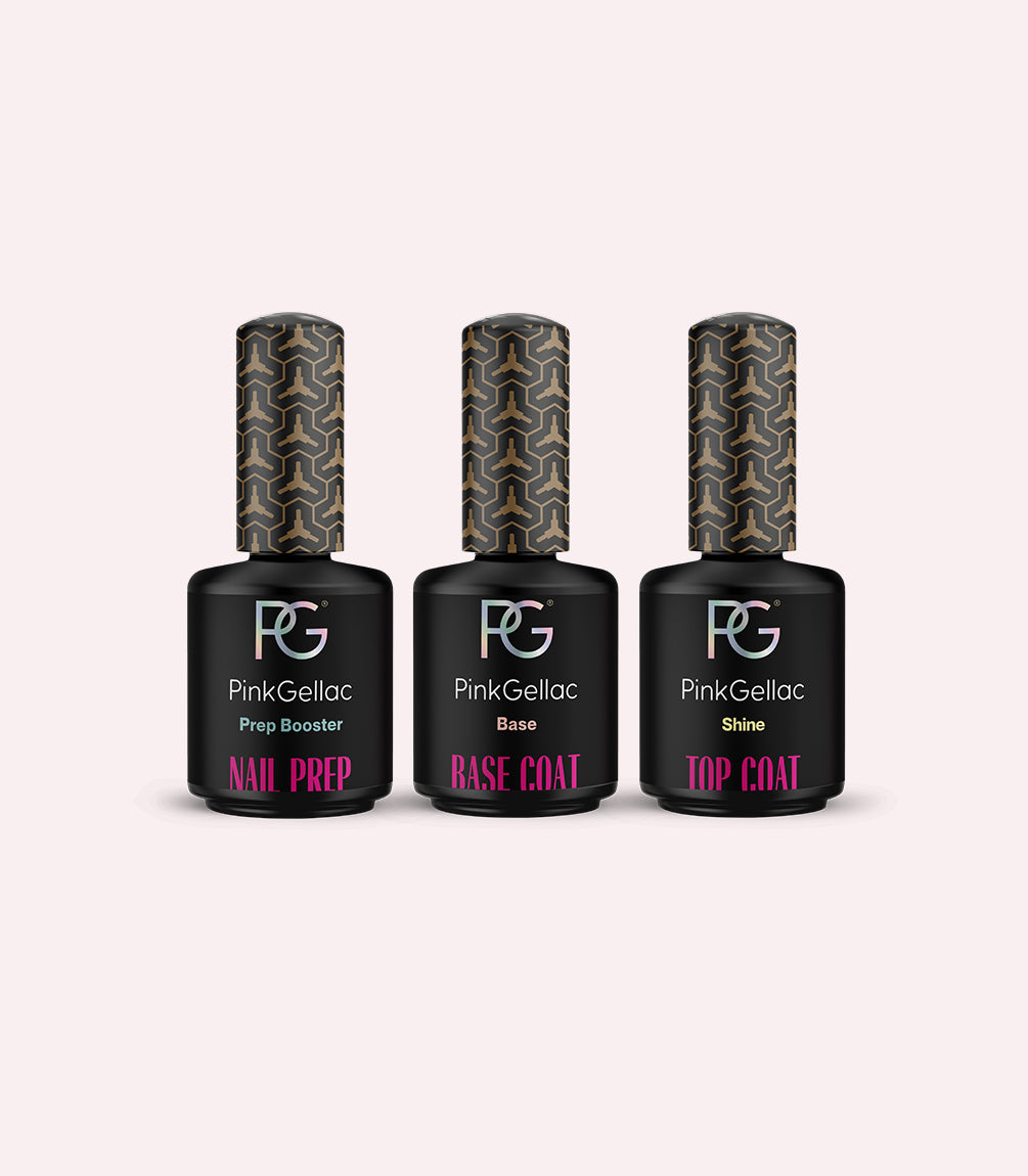 Three bottles of Pink Gellac nail polish products side by side, labeled "Nail Prep," "Base Coat," and "Top Coat."