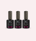 Three bottles of Pink Gellac nail polish products side by side, labeled "Nail Prep," "Base Coat," and "Top Coat."