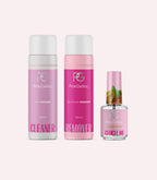 Three Pink Gellac products: a nail cleaner, nail polish remover and cuticle oil, on a light background.
