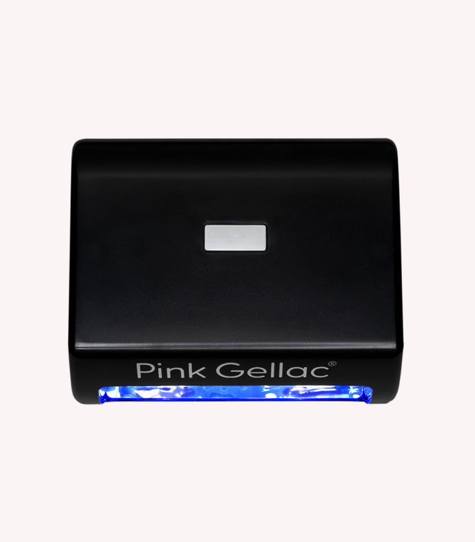 Black LED bulb with blue glow at the bottom, with the text "Pink Gellac" on the front.