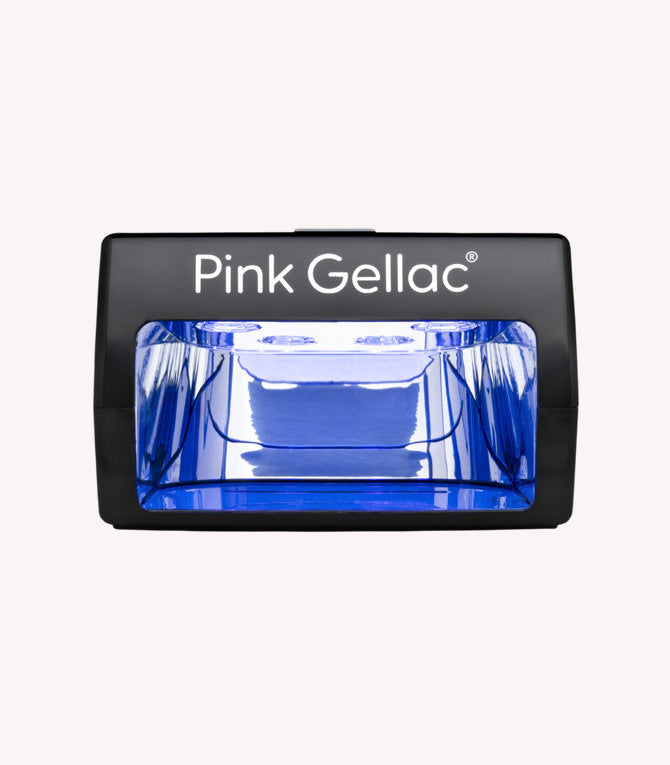 "Black UV nail lamp with blue light and the brand 'Pink Gellac' on it."
