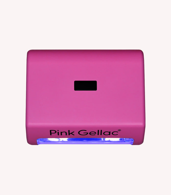 Pink UV LED nail lamp with the text "Pink Gellac" and blue light on the bottom.