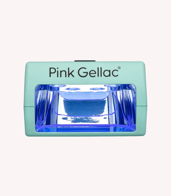 Mint green UV lamp for gel nails with the text "Pink Gellac" on top, with blue light inside.
