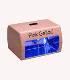 A pink UV lamp for nails with the text "Pink Gellac" printed on it, with a blue light glow inside.