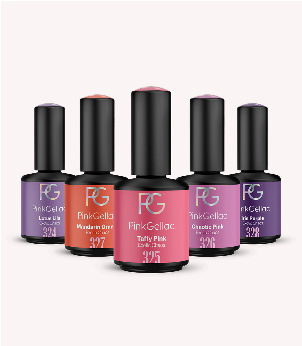 The gel polish bottles in the Pink Gellac Exotic Chaos collection set.