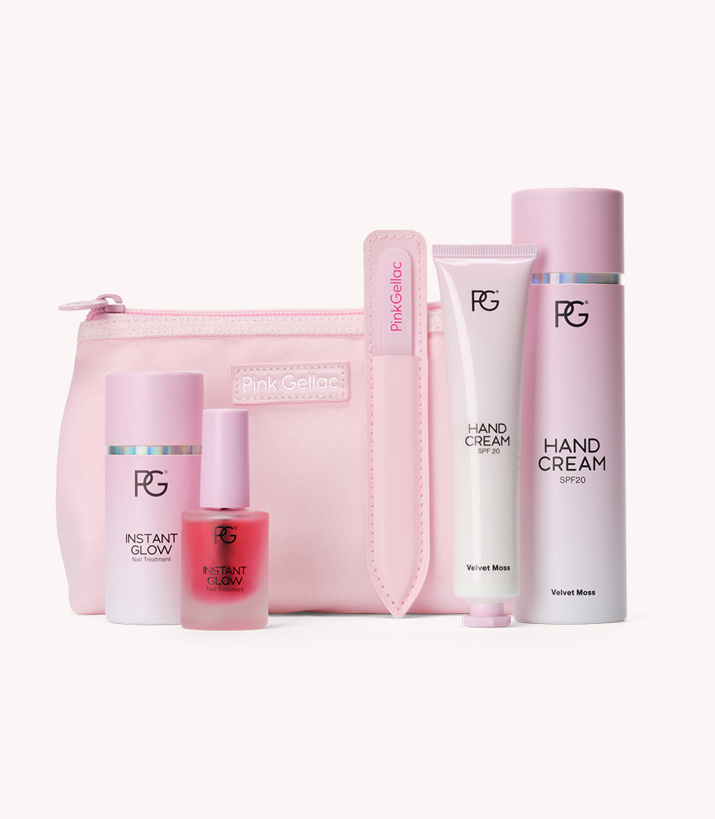 Pink Gellac Glow & Protect nail care set with its products and pink pouch.