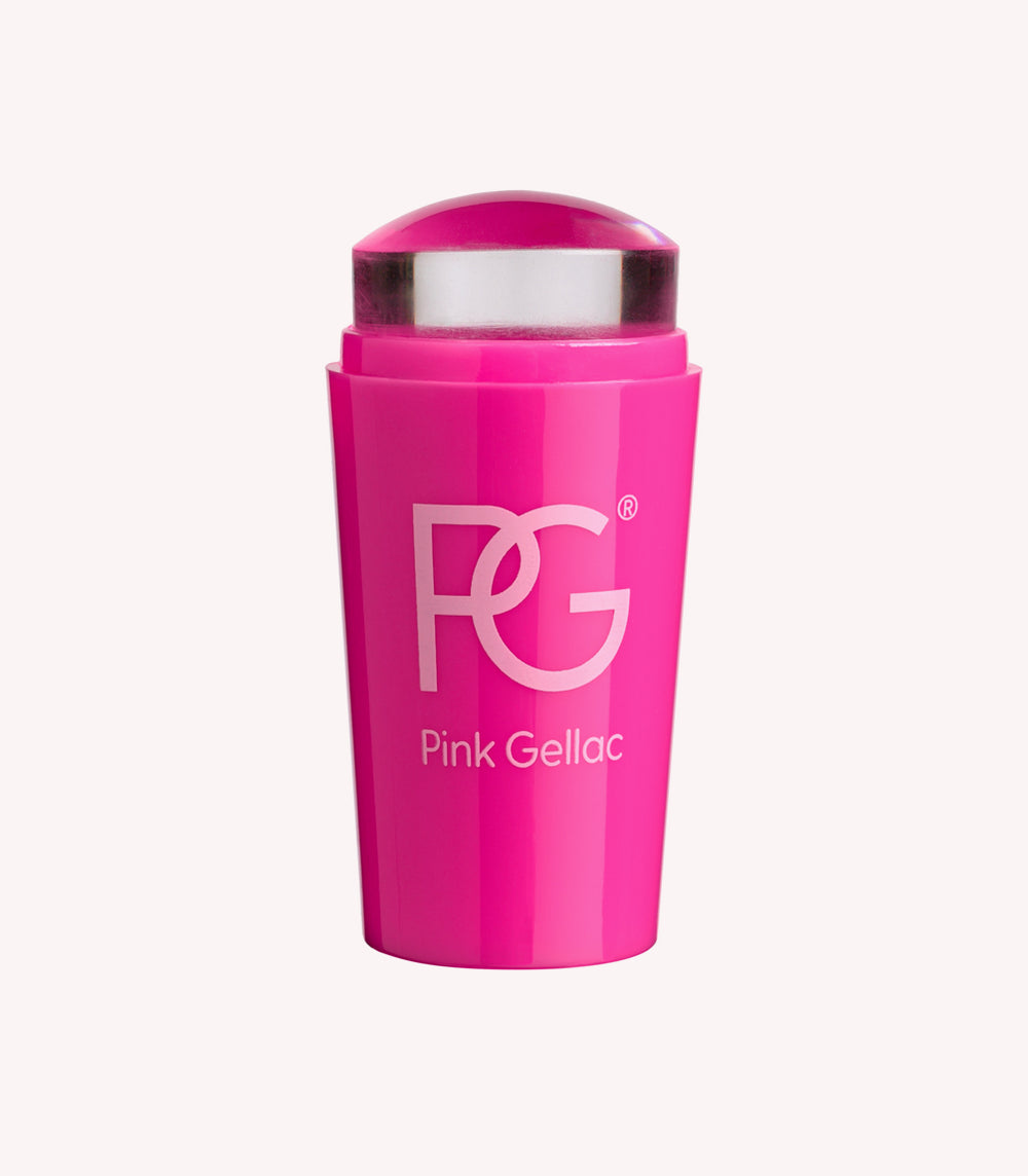 Pink stamp for nail art with the Pink Gellac logo on it.