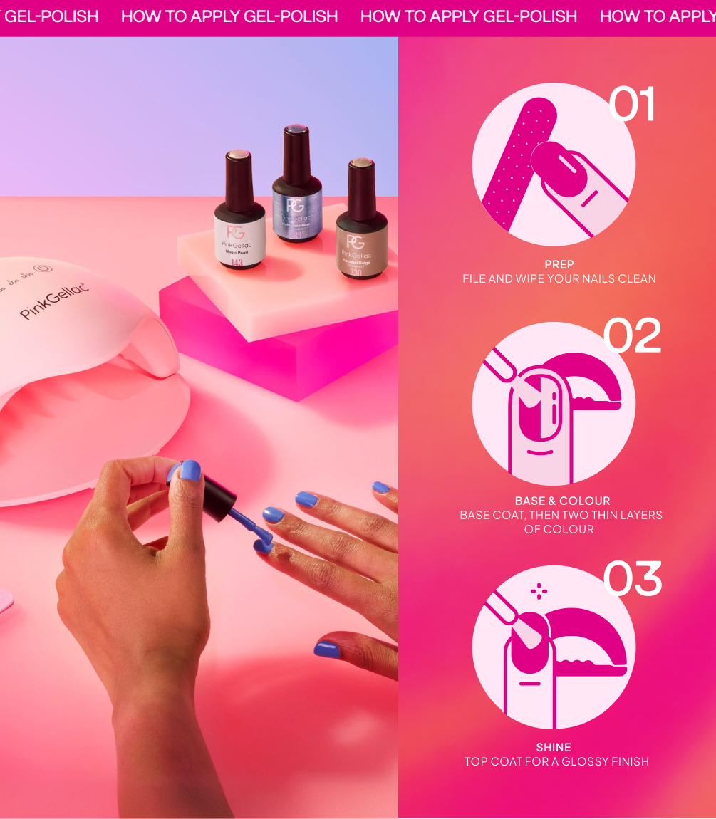 Comment appliquer le vernis semi-permanent en 3 étapes : limez et nettoyez vos ongles, base coat puis deux fines couches de couleur, top coat pour une finition brillante.