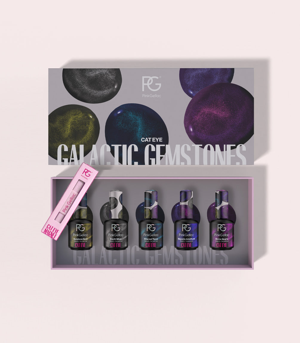 Pink Gellac Galactic Gemstones cat eye gel polish set with five shades in its gift box.