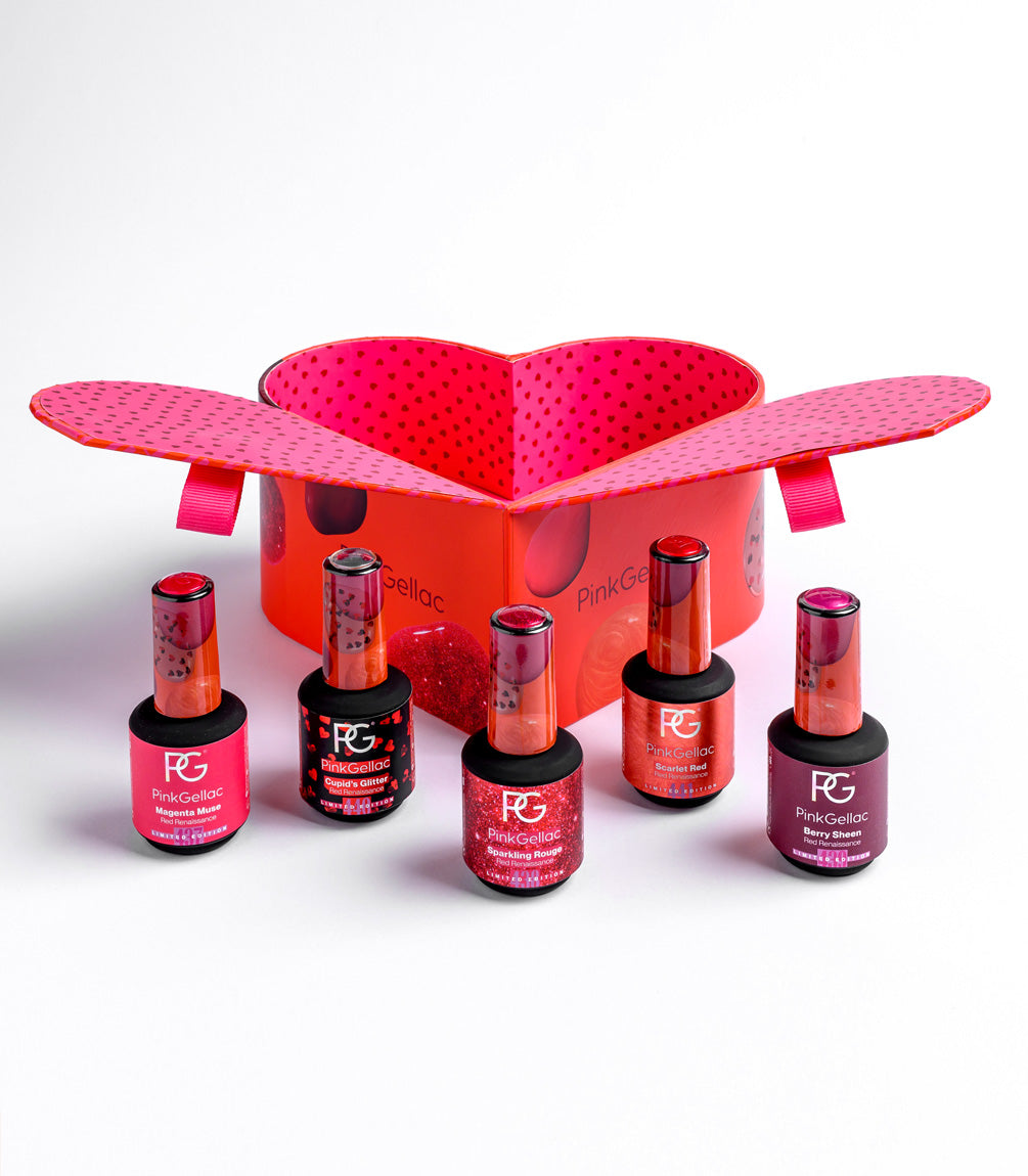 Pink Gellac Red Renaissance Set heart-shaped box open with bottles.