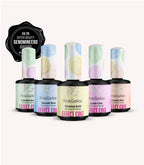 Five bottles of Pink Gellac nail polish in pastel colours with effect coat; 24/25 Dutch Beauty Award nominated logo.