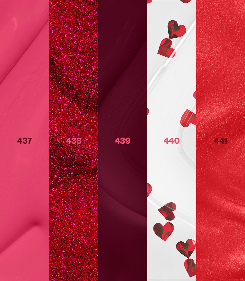 Swatches of the shades in the Pink Gellac Red Renaissance Set.