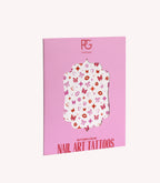 Pink packaging from Pink Gellac with nail art tattoos, decorated with butterflies, roses, lips and bows in red and pink tones.