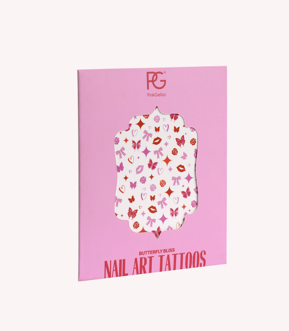 Pink packaging from Pink Gellac with nail art tattoos, decorated with butterflies, roses, lips and bows in red and pink tones.