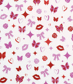 Decorative image with patterns of butterflies, hearts, bows, lips and roses in red and pink tones on a white background.
