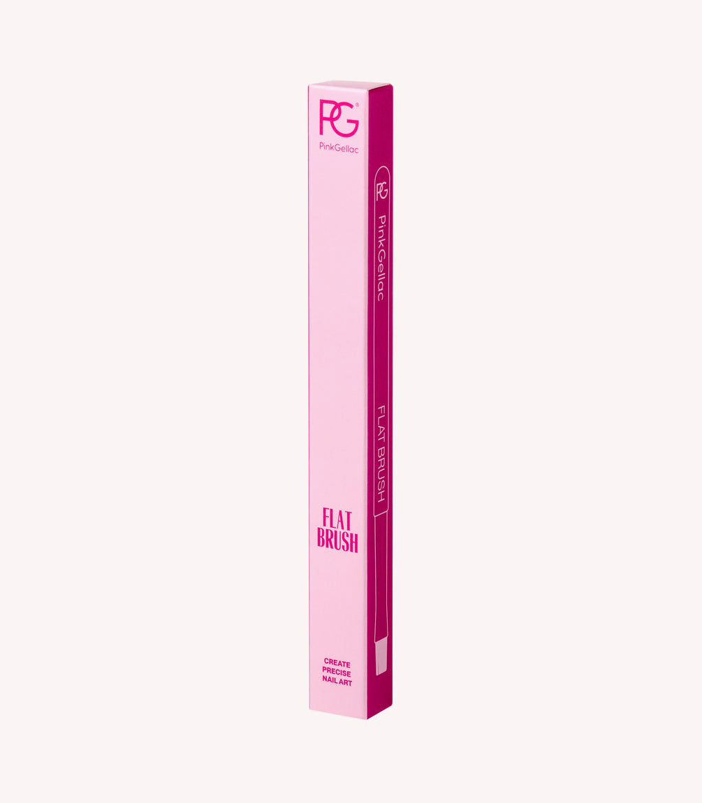 Pink packaging of a flat nail brush with the text "Flat Brush" and "Create Precise Nail Art" on it.