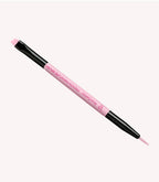 A double-sided nail brush with a pink handle and black handles, designed for manicures.