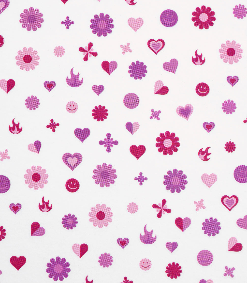 A pattern of pink and purple flowers, hearts, smiling faces and flames on a white background.