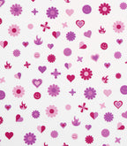 A pattern of pink and purple flowers, hearts, smiling faces and flames on a white background.