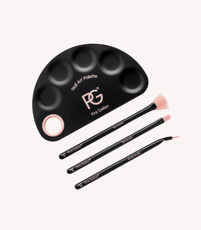 A black nail art palette from Pink Gellac with three matching brushes: a fan-shaped brush, a flat brush and a detail brush.