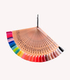 Fan-shaped color swatch with different shades of nail polish on a ring.