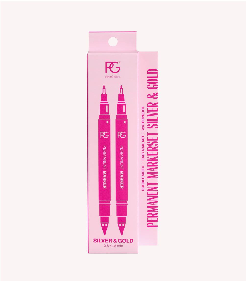Pink packaging from Pink Gellac with print of double permanent markers, type Silver & Gold.