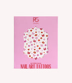 A pink packaging of Pink Gellac with the text "Butterfly Bliss Nail Art Tattoos" and colorful designs of butterflies, lips, roses and bows.