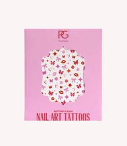 A pink packaging of Pink Gellac with the text "Butterfly Bliss Nail Art Tattoos" and colorful designs of butterflies, lips, roses and bows.