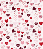 A pattern of different drawn and colored hearts with words like "Kiss Me," "Cutie," "Love U," and "Sweet" in red, pink, and white on a light background.