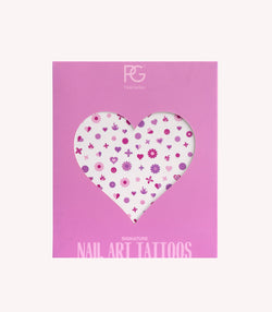 Pink packaging from Pink Gellac with a heart-shaped cutout, in which various pink and purple nail art tattoo designs are visible.