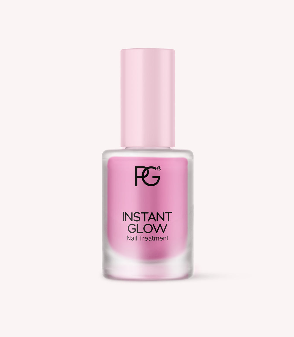 Pink bottle with nail treatment, brand "PG" and text "Instant Glow Nail Treatment".