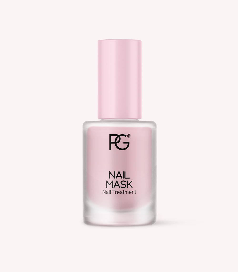 Pink bottle with "PC Nail Mask, Nail Treatment" print on a light background.