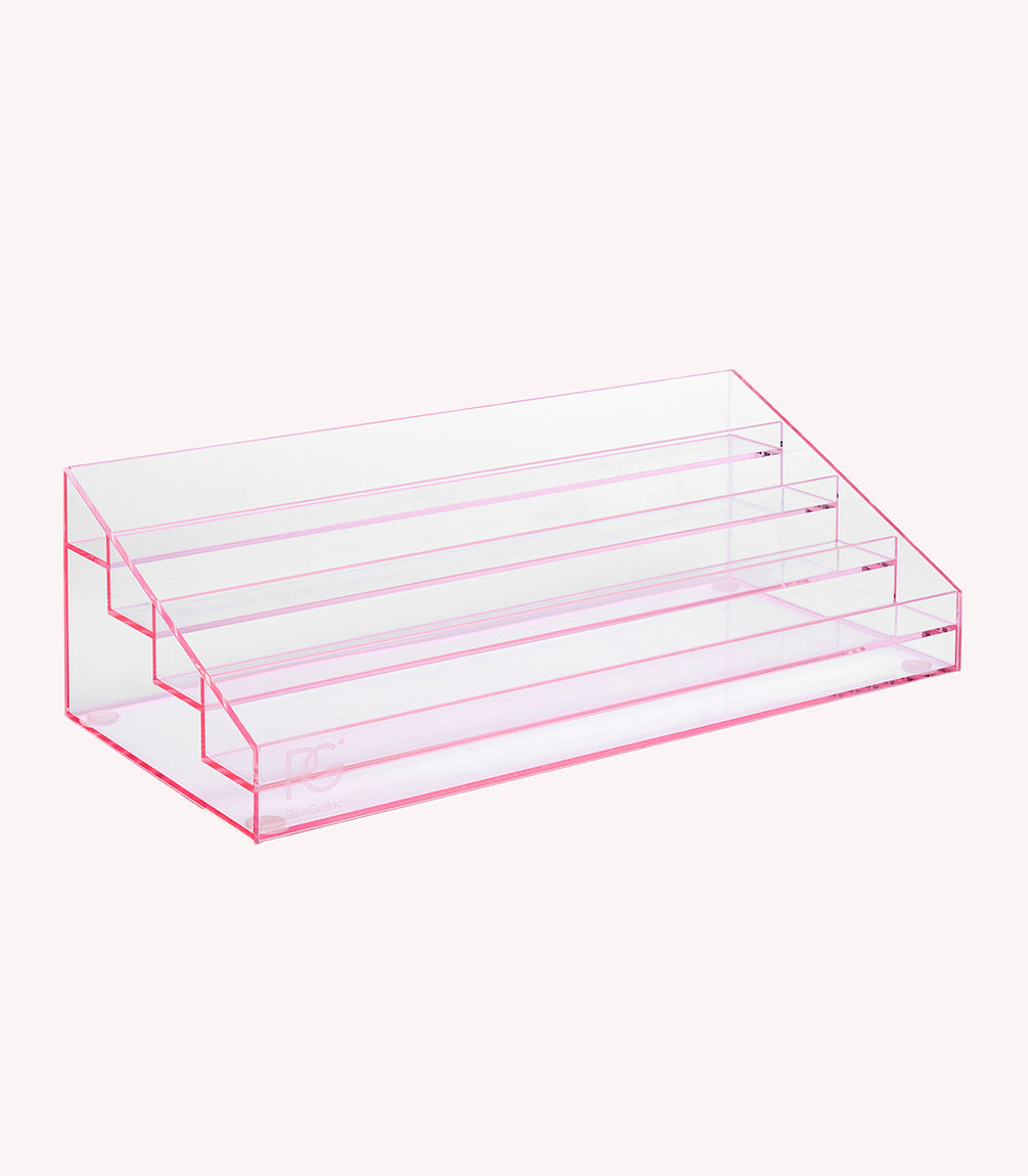 Transparent pink step-shaped display screen with five levels.