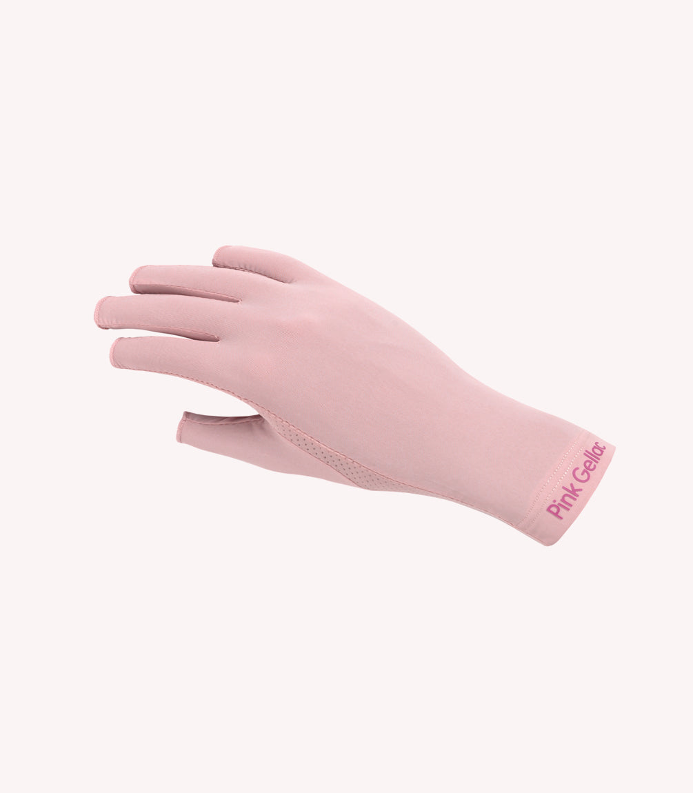 A pink glove with the text "Pink Gellac" on the wrist, isolated against a white background.