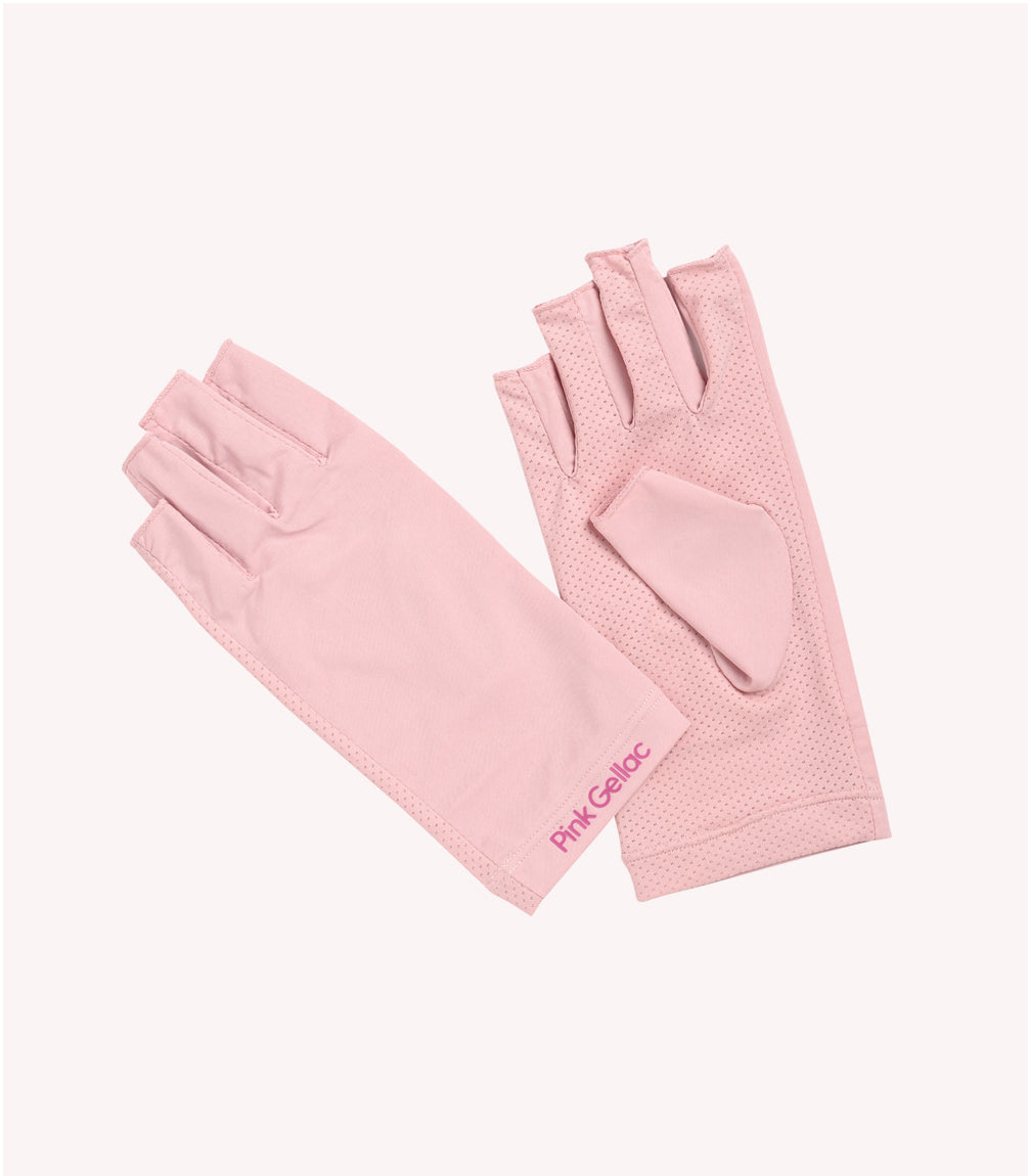 Pink, fingertipless gloves with breathable fabric and logo in the corner.