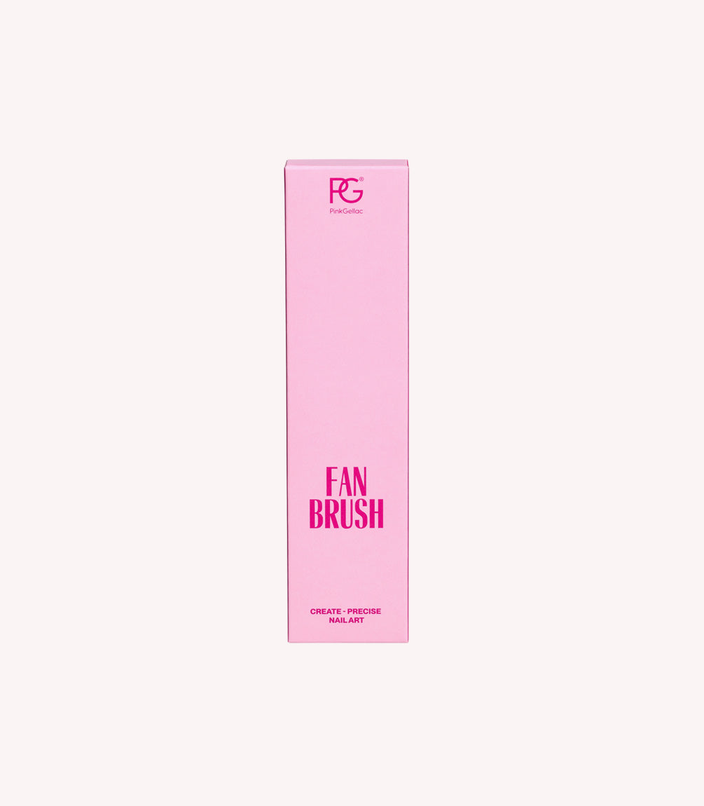Pink packaging of a Pink Gellac fan-shaped nail art brush with text "Fan Brush" and "Create - Precise Nail Art".