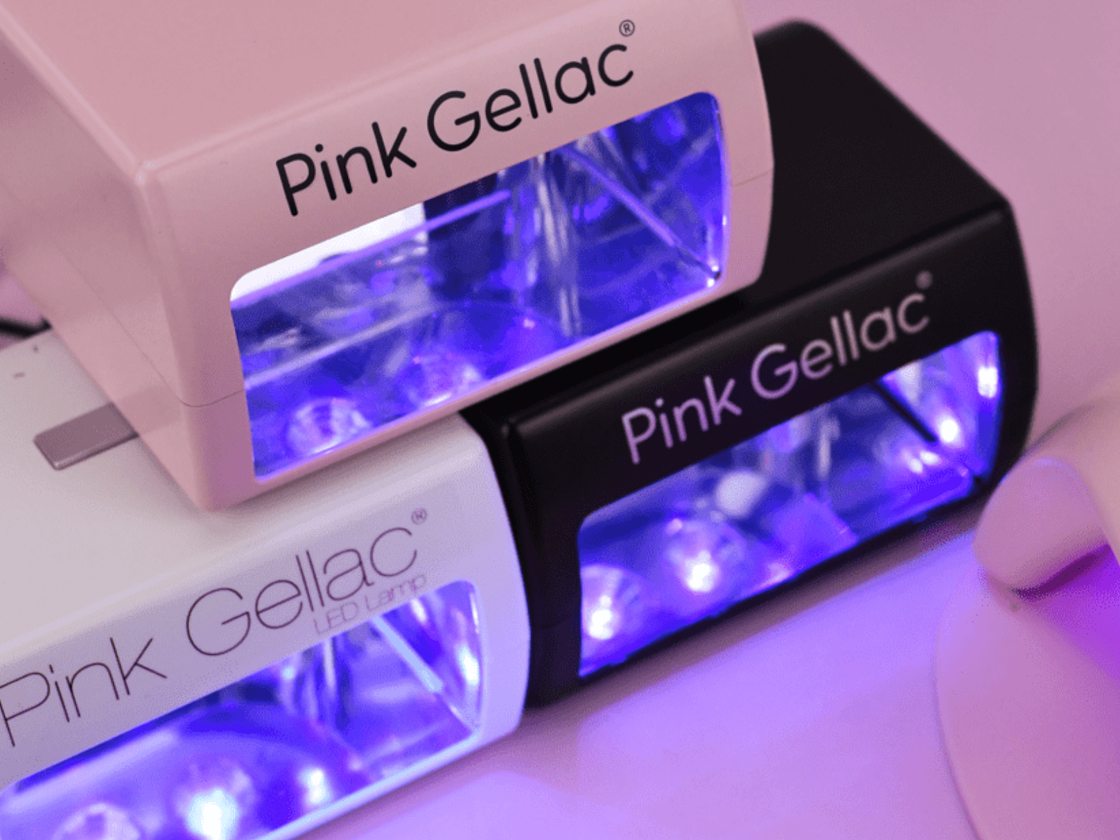 Two stacked Pink Gellac LED bulbs in pink, white, and black with purple lighting.